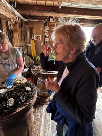 Barb trying a fresh oyster at lunch